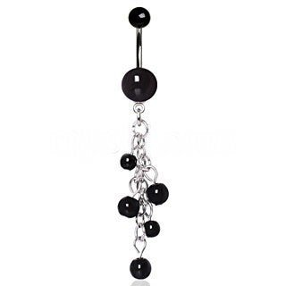 316L Surgical Steel Black Acrylic Navel Ring with Beaded Chain Cascade - Fashion Hut Jewelry