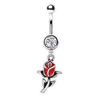 316L Stainless Steel Red Rose Dangle Navel Ring | Fashion Hut Jewelry
