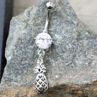 316L Stainless Steel Prong Set CZ Navel Ring with Pineapple Dangle