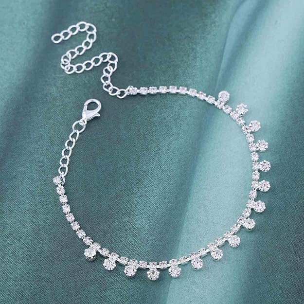 Rhinestone Water Drop Anklet Foot Jewelry for Women Silver