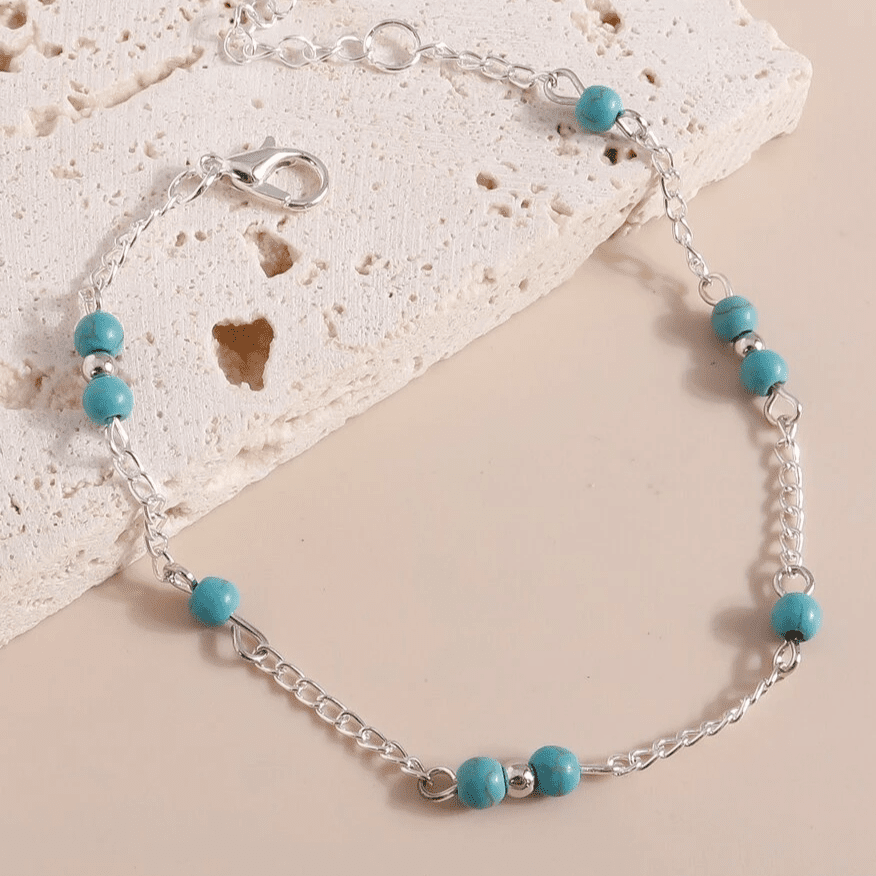 Simple & Sexy Silver & Turquoise Beaded Anklet | Fashion Hut Jewelry