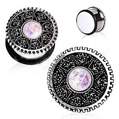 316L Surgical Steel Steampunk Intricate Gear with Opal Plug | Fashion Hut Jewelry