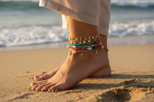 Woman wearing layered gold and beaded ankle bracelets on the beach at golden hour