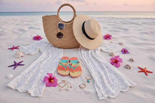 Beach essentials flat lay featuring straw tote bag, sunglasses, sun hat, crochet cover-up, and beachy jewelry including anklets, belly rings, and toe rings