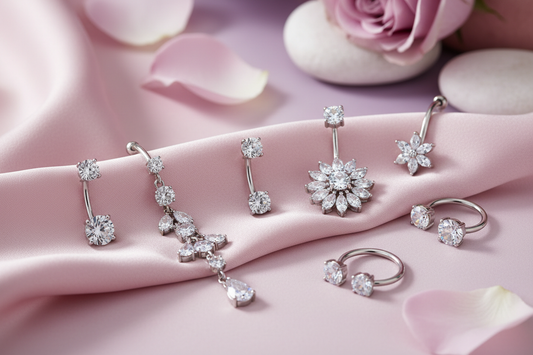 Collection of belly button rings including dangle, gem, and flower navel jewelry styles