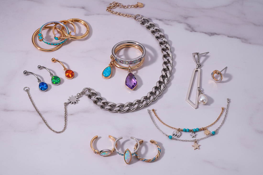 Fashion jewelry trends 2026 featuring layered cartilage hoops, colorful gemstone nose rings, stacked belly rings, chunky chains, and mixed metal body jewelry