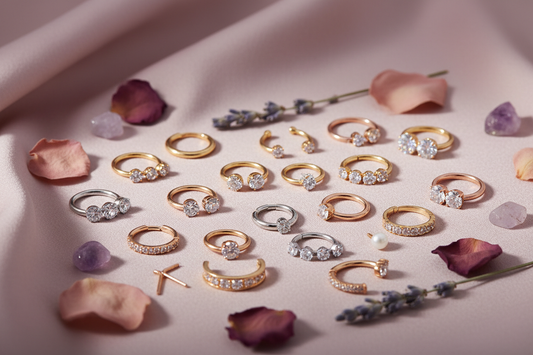 Collection of nose rings including nose studs, gold hoops, septum clickers, and screw nose rings