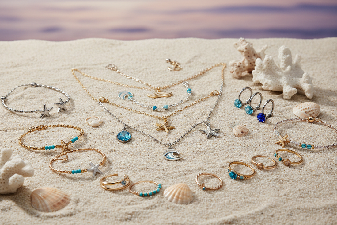 Summer beach jewelry flat lay featuring nautical anklets, belly rings, cartilage earrings, and ocean-themed accessories with turquoise stones