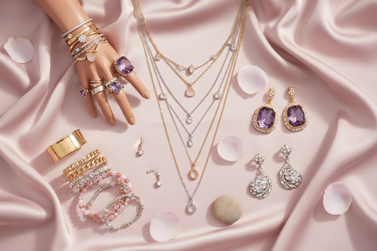 Jewelry styling flat lay featuring layered necklaces, stacked rings, bracelets, earrings, and body jewelry