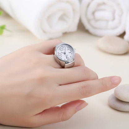 Silver Tone Stretch Ring Watch White Round Dial