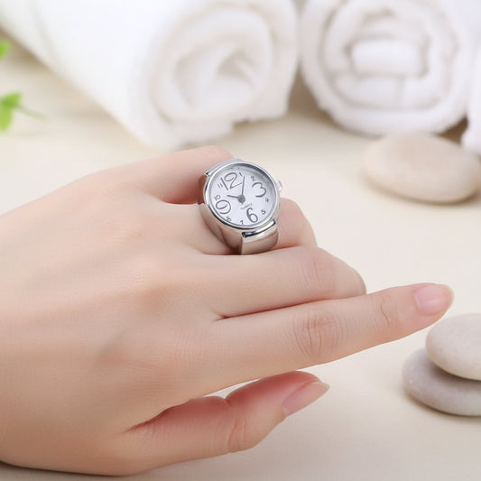 Silver Tone Stretch Ring Watch White Round Dial