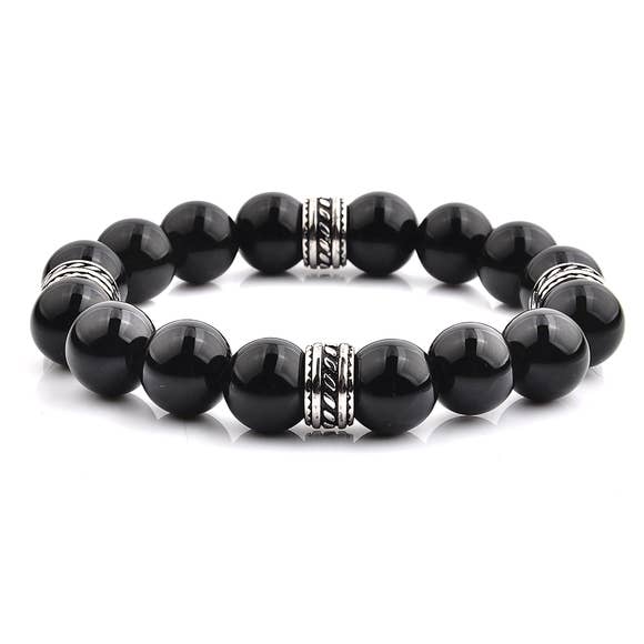 CRUCIBLE STAINLESS STEEL POLISHED ONYX TRIBAL BEADED STRETCH BRACELET (12MM) | Fashion Hut Jewelry