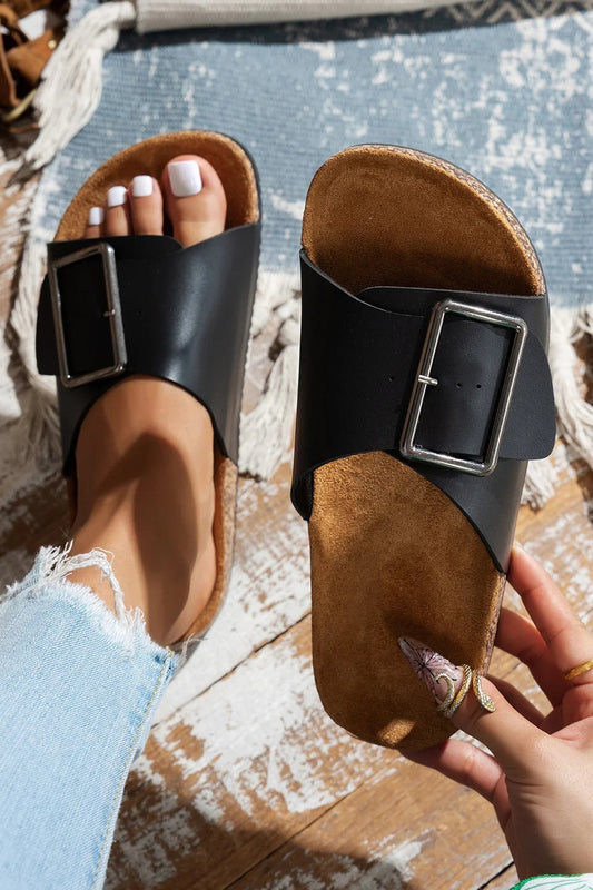 Color black Retro Geometric Print Buckle Strap Flat Slides