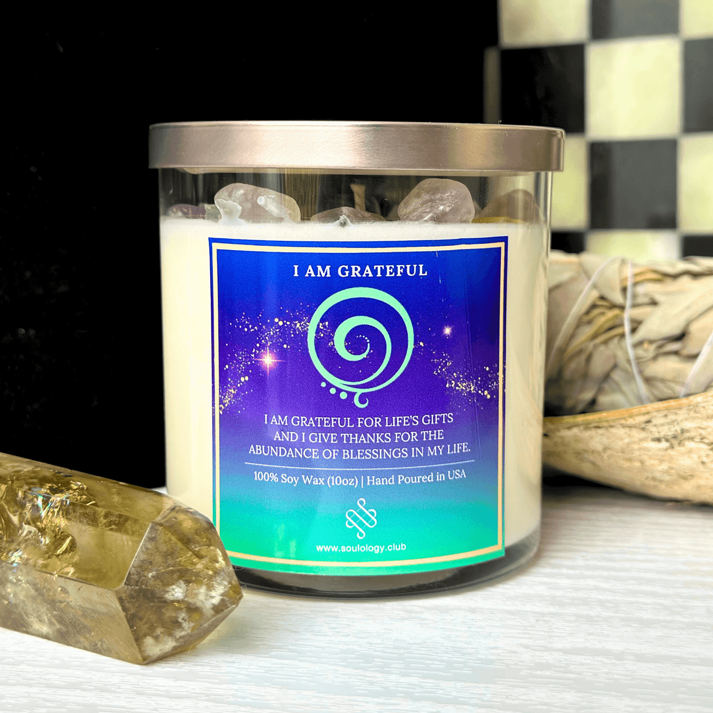 I Am Grateful Crystal Affirmation Candle