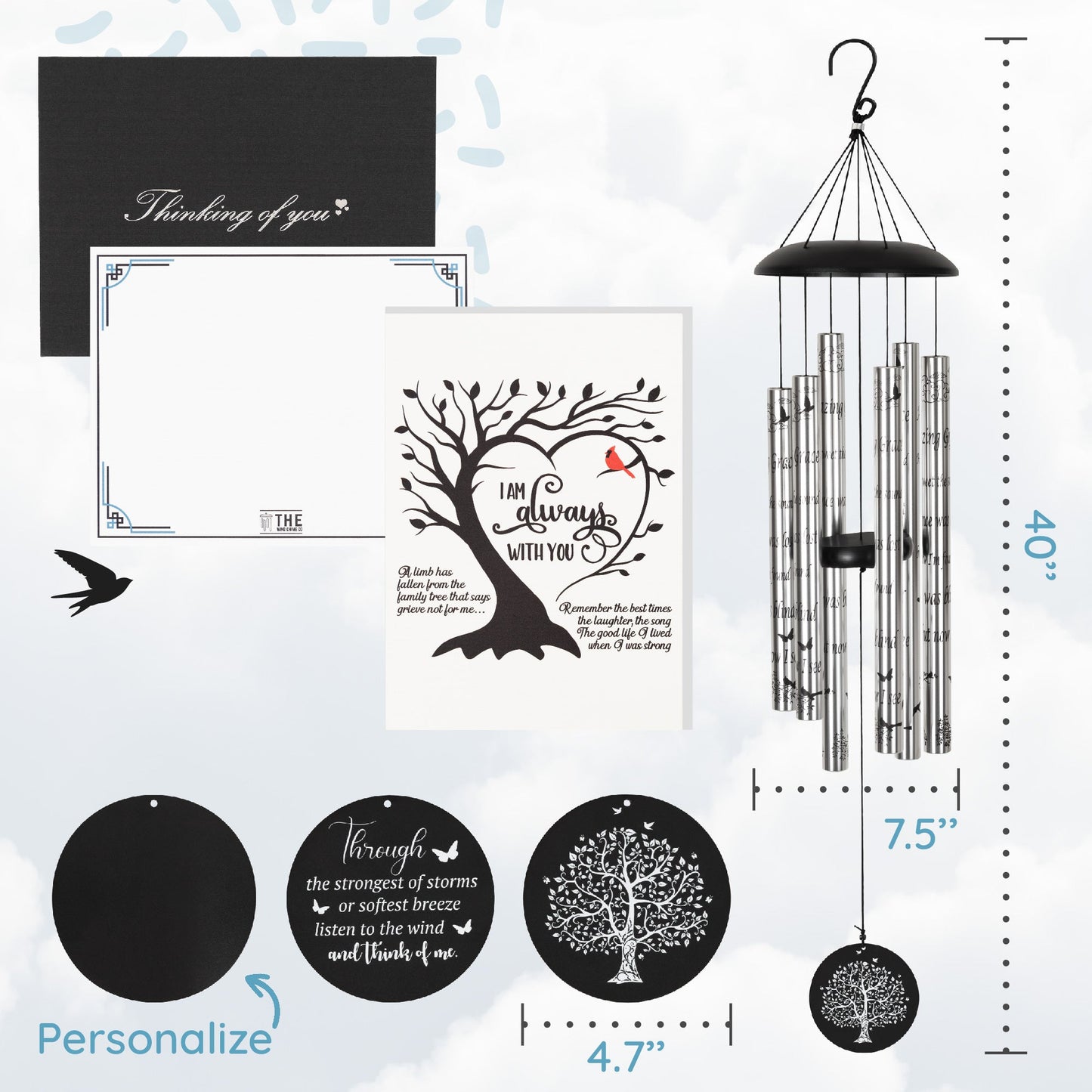 Gift Bundle - Serenity Memorial Wind Chimes, Thoughtful Gift For Special Occasions or Reflections Amazing Grace Scripture 40"