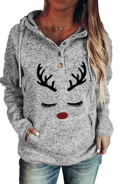 Christmas Reindeer Print Button Kangaroo Pocket Hoodie Fashion Hut Jewelry