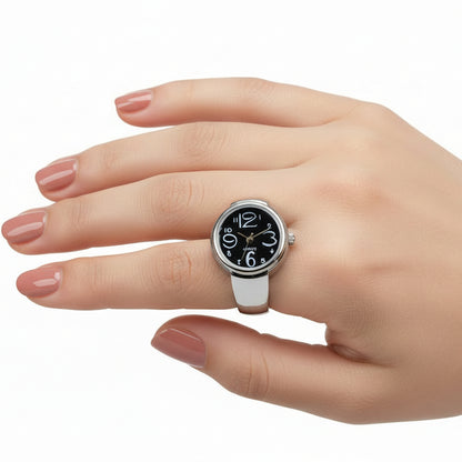 Silver Tone Stretch Ring Watch Black Round Dial