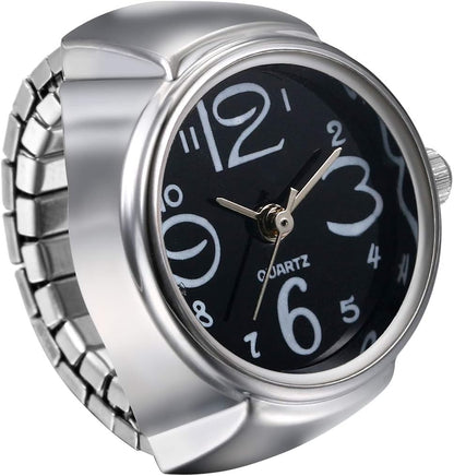 Silver Tone Stretch Ring Watch Black Round Dial