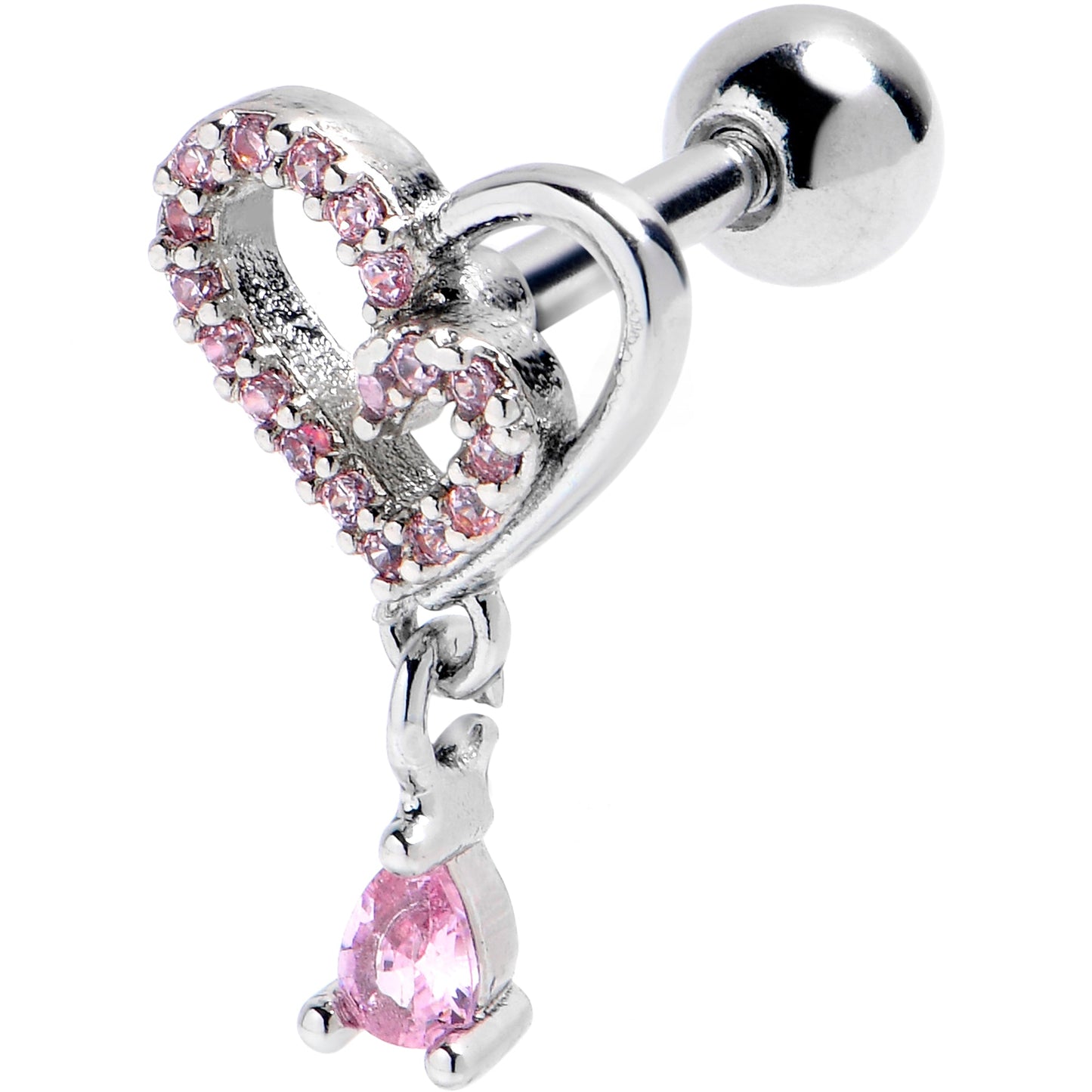 16G 1/4 Pink CZ Gem Asymmetrical Heart Dangle Cartilage Earring