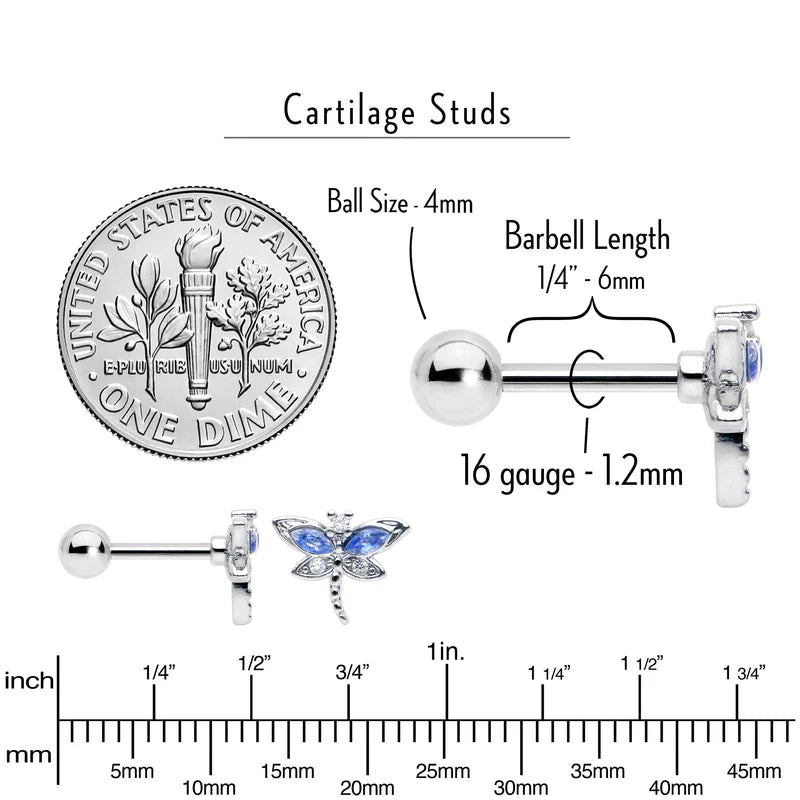 16G 1/4 Blue CZ Gem Dragonfly Style Cartilage Tragus Earring