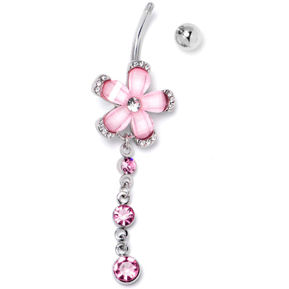 Pink Clear Gem Retro Flower Glamour Dangle Belly Ring
