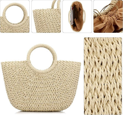 Summer Top Handle Semi Circle Straw Bag