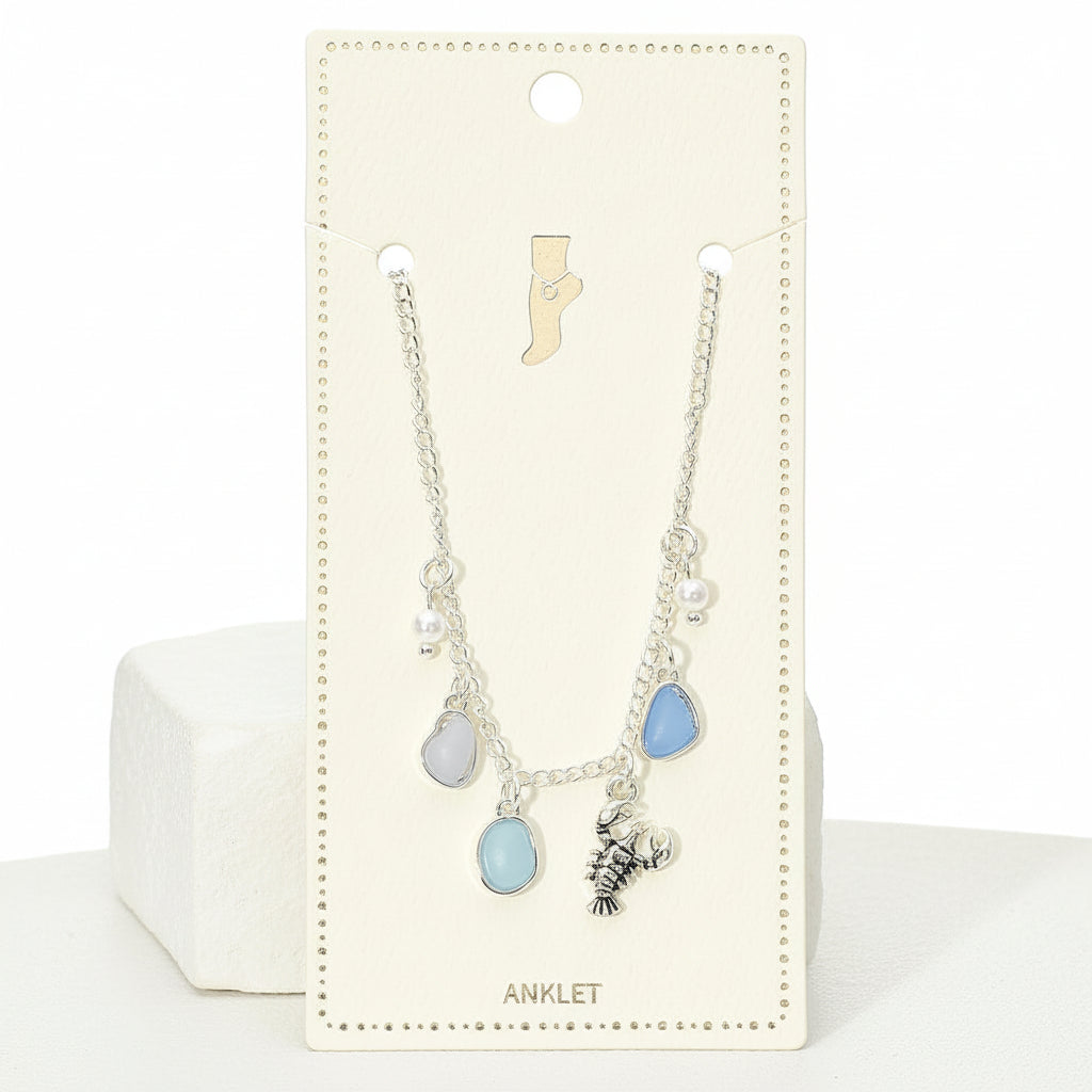 Lobster Sea Glass Pearl Charm Station Anklet