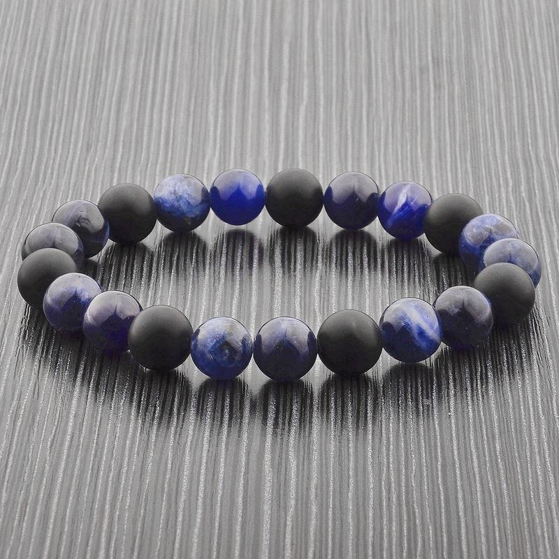 SODALITE AND MATTE ONYX STONE BEADED STRETCH BRACELET (10MM) | Fashion Hut Jewelry