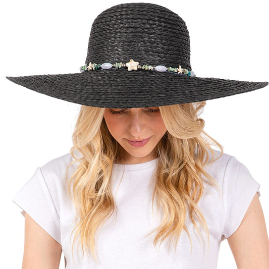 Wide Brim Floppy Sun Hat with Turquoise Stone and Starfish Band