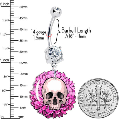 Clear Gem Blooming Pink Flower Skull Dangle Belly Ring by Onyx O