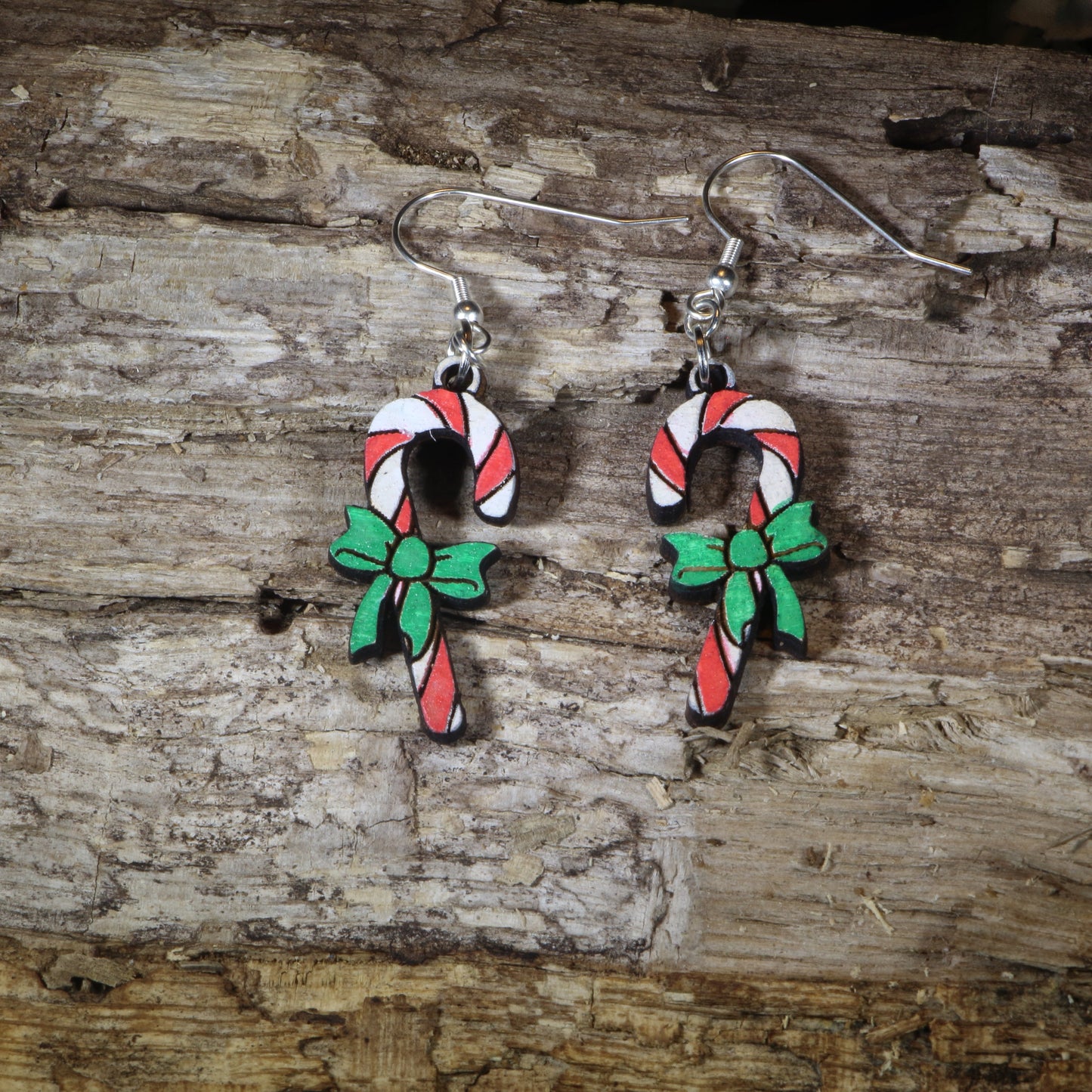 Candy Cane with Bow Wooden Dangle Earrings | Christmas Holiday Jewelry