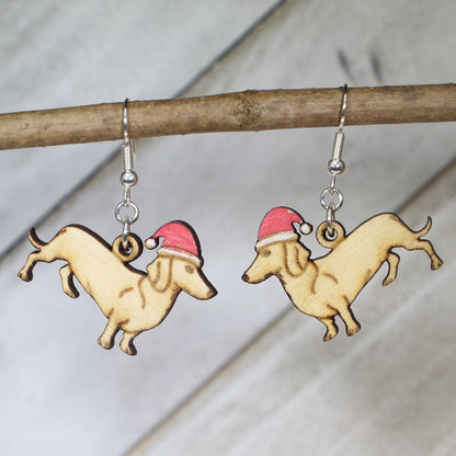 Dachshund Santa Hat Wooden Dangle Earrings | Christmas Dog Jewelry