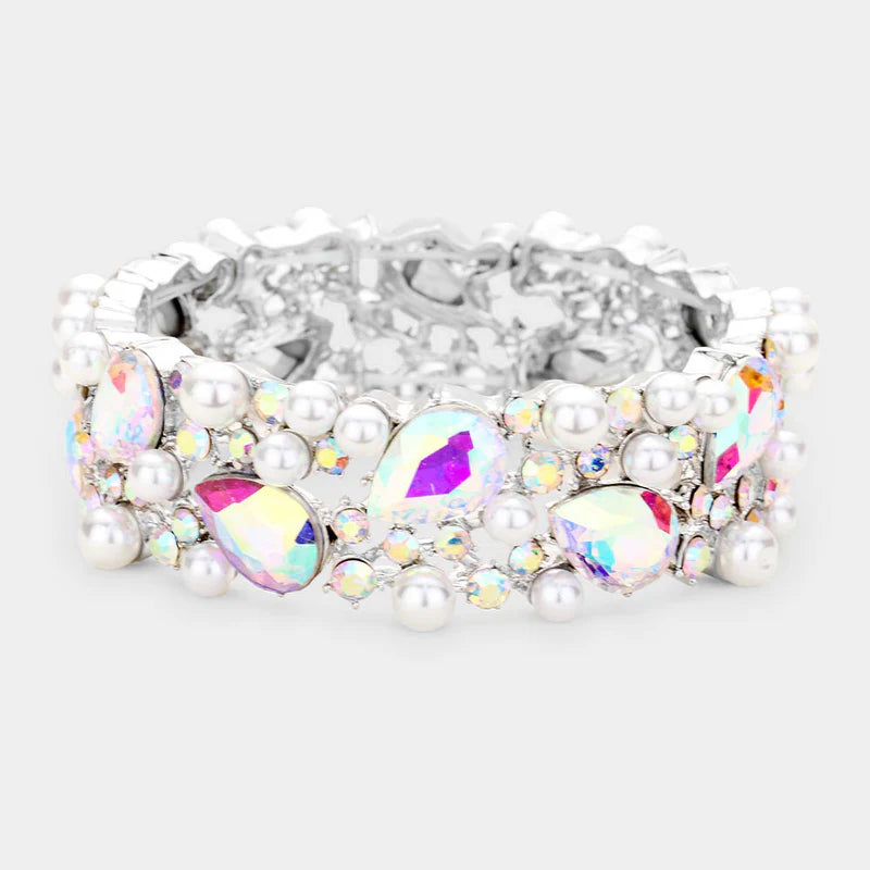 Glass Crystal Teardrop Pearl Stretch Bracelet