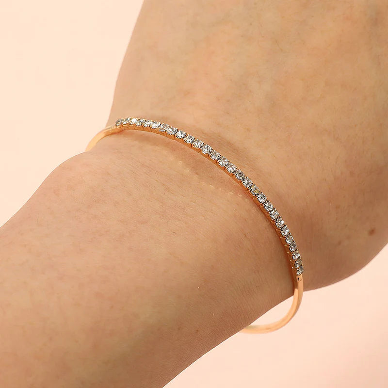 One Row Rhinestone Paved Bar Accent Adjustable Bangle Evening Bracelet