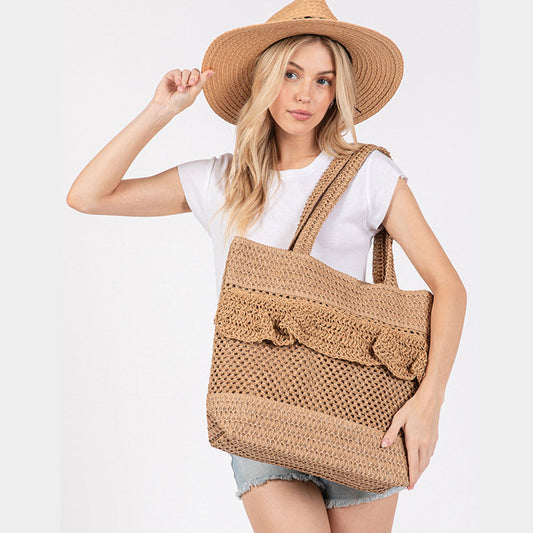 Ruffle Crochet Tote Bag - Woven Paper Beach Bag
