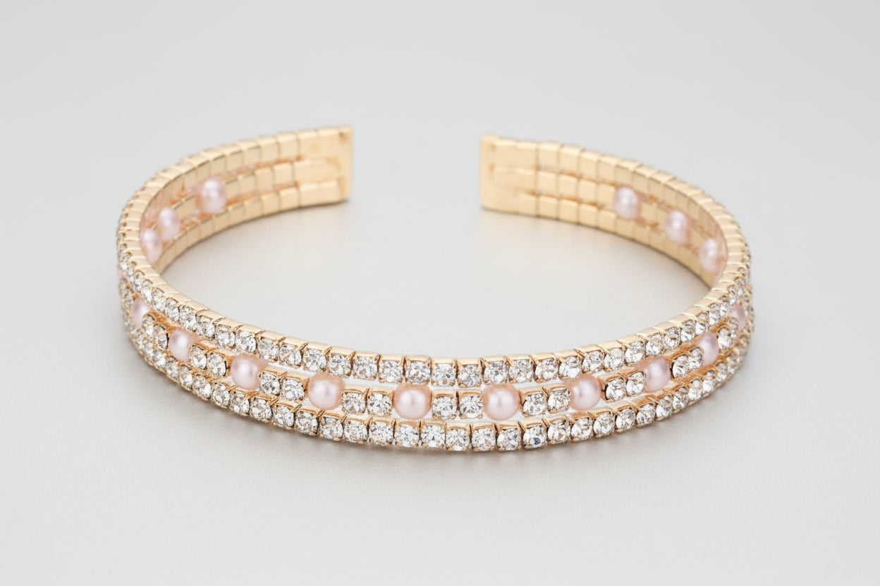 Pearl Accented Split Rhinestone Cuff Evening Bracelet