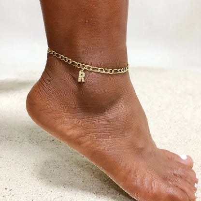 Mandotos Crystal A Z Letter Initial Anklets For Women Cuban Link Stainless Steel Beach Anklet