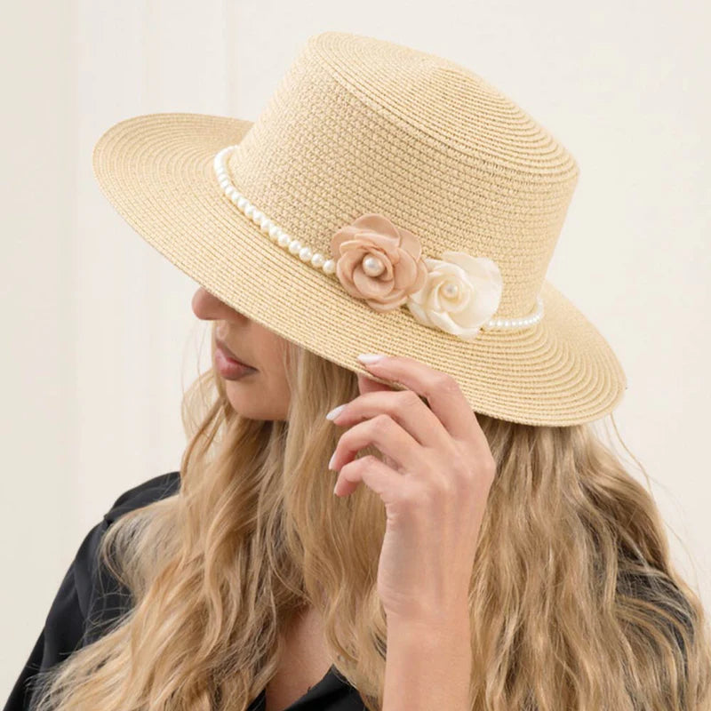 Double Flower Accent Pearl Band Straw Sun Hat