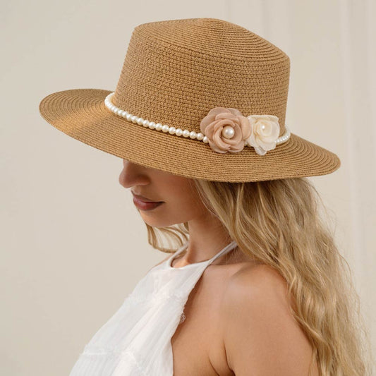 Double Flower Accent Pearl Band Straw Sun Hat