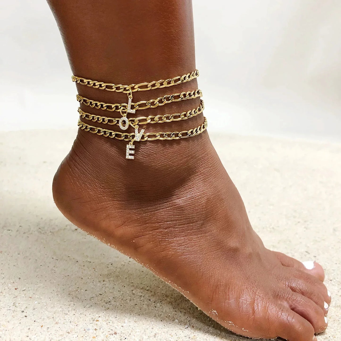 Mandotos Crystal A Z Letter Initial Anklets For Women Cuban Link Stainless Steel Beach Anklet