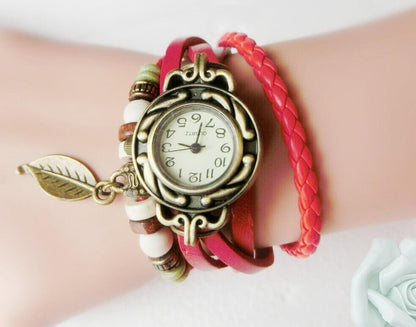 Women's Vintage Leather Wrap Bracelet Watch with Leaf Charm