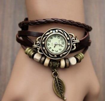 Women's Vintage Leather Wrap Bracelet Watch with Leaf Charm