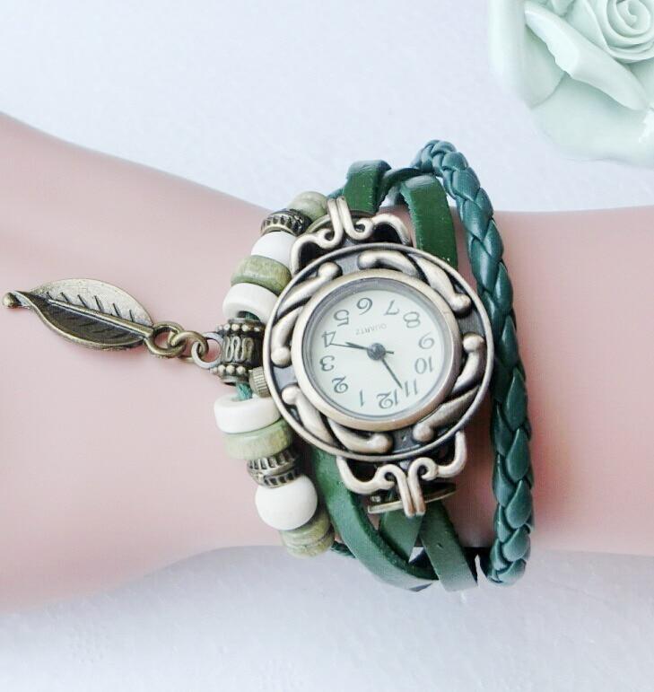 Women's Vintage Leather Wrap Bracelet Watch with Leaf Charm