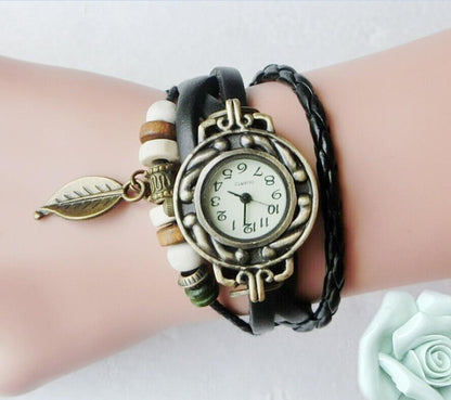 Women's Vintage Leather Wrap Bracelet Watch with Leaf Charm