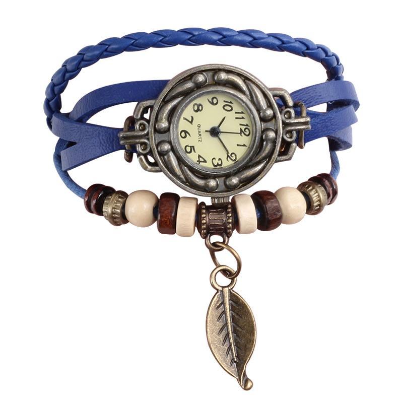 Women's Vintage Leather Wrap Bracelet Watch with Leaf Charm