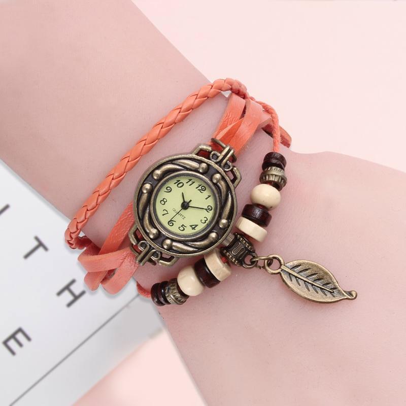 Women's Vintage Leather Wrap Bracelet Watch with Leaf Charm