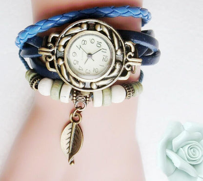 Women's Vintage Leather Wrap Bracelet Watch with Leaf Charm