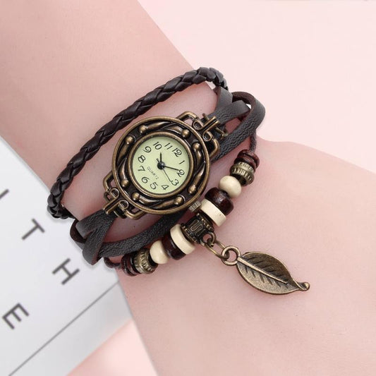 Women's Vintage Leather Wrap Bracelet Watch with Leaf Charm