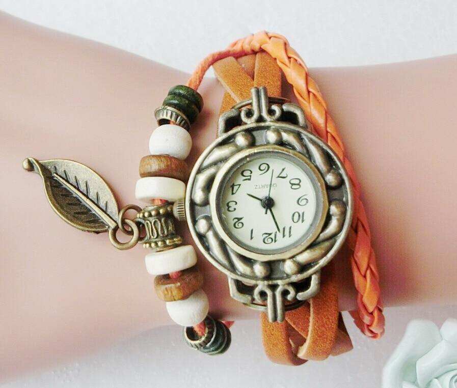 Women's Vintage Leather Wrap Bracelet Watch with Leaf Charm