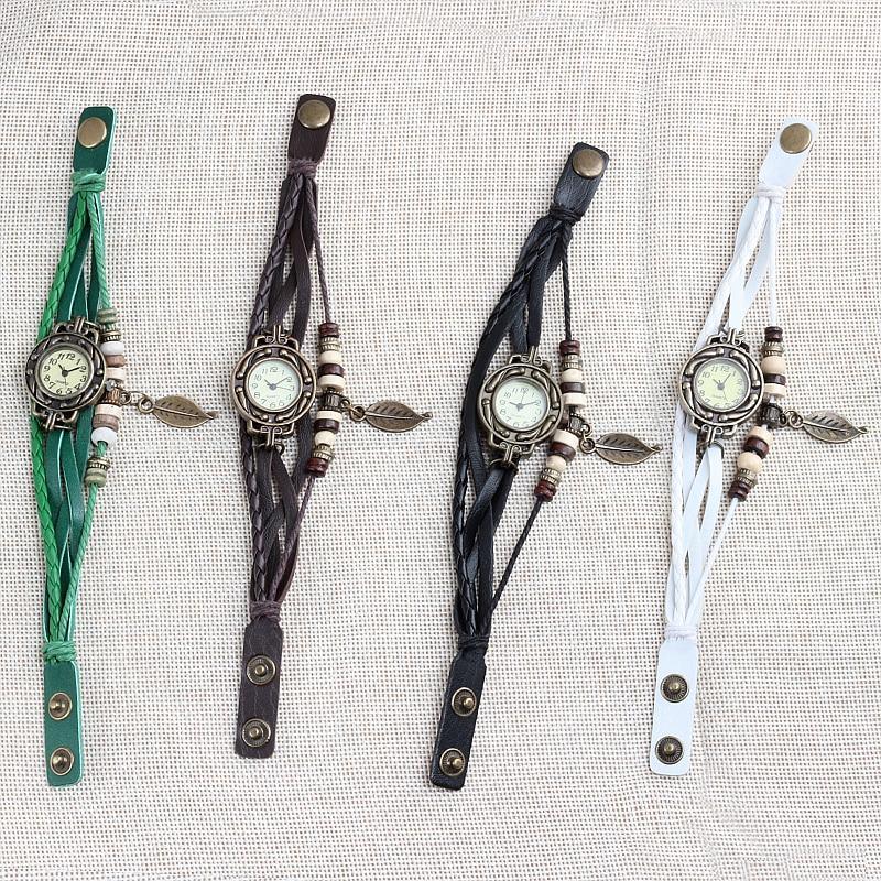 Women's Vintage Leather Wrap Bracelet Watch with Leaf Charm